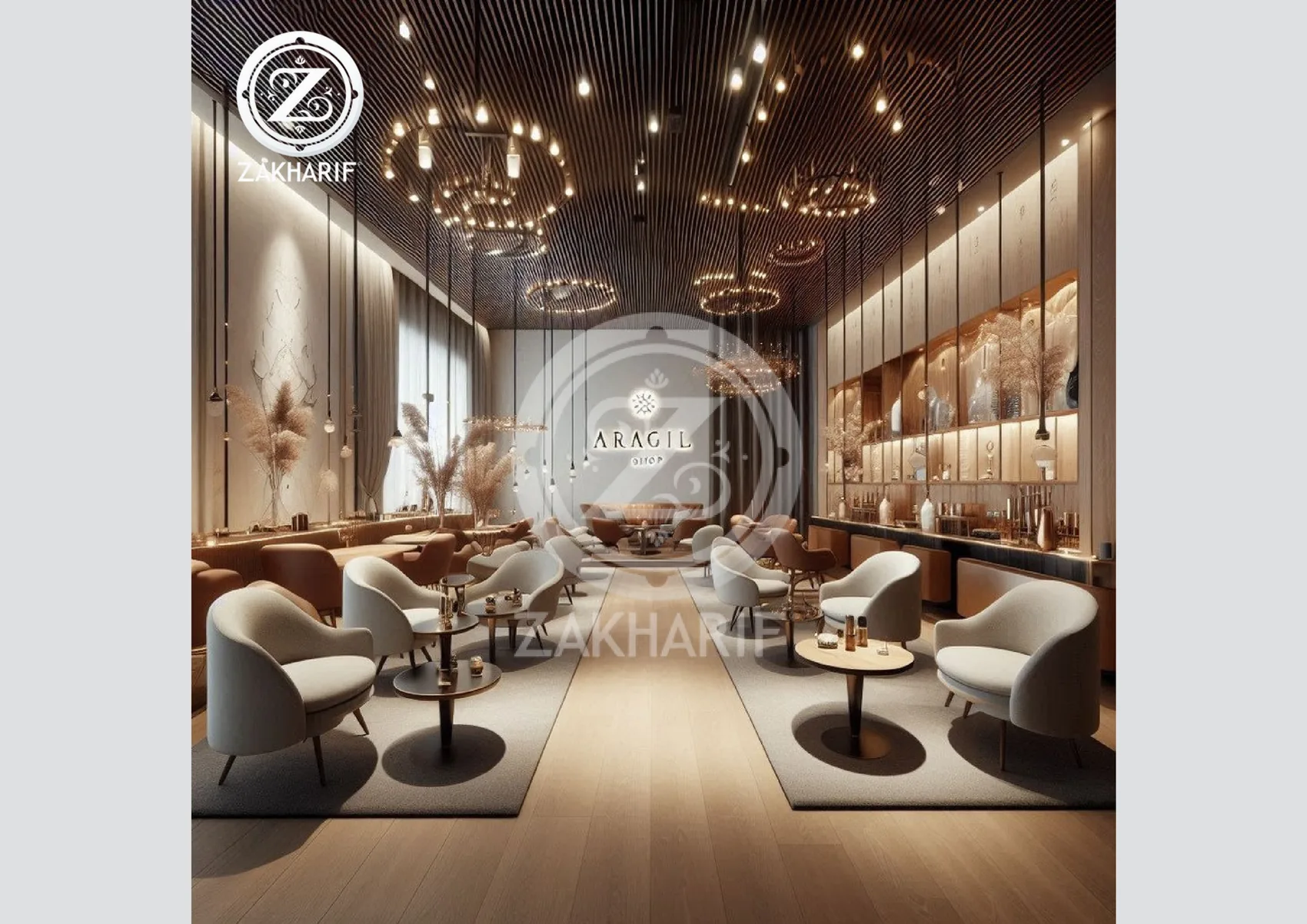 تصميم داخلي لمساحة ضيافة بإضاءة زخرفية