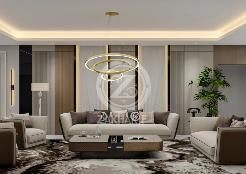 تكوين المساحة والأثاث في تصميم داخلي سكني