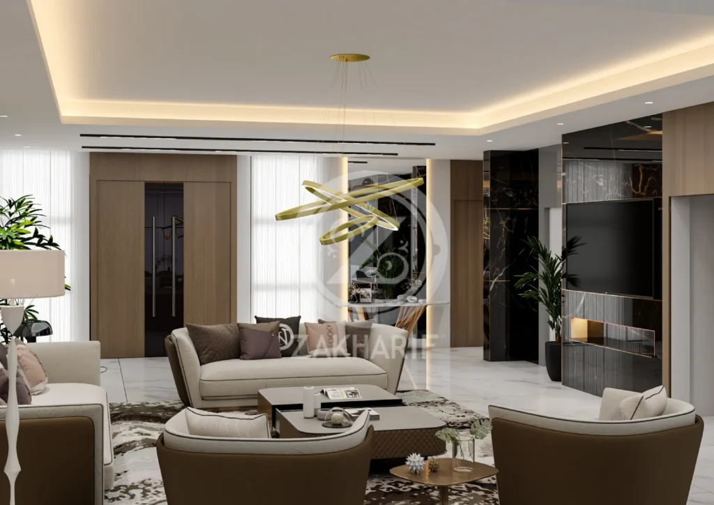 تكوين المساحة والأثاث في تصميم داخلي سكني