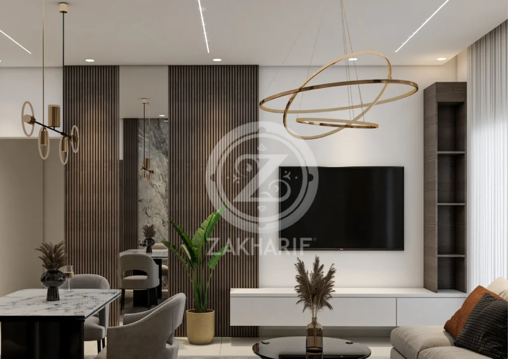 تكوين المساحة والأثاث في تصميم داخلي سكني