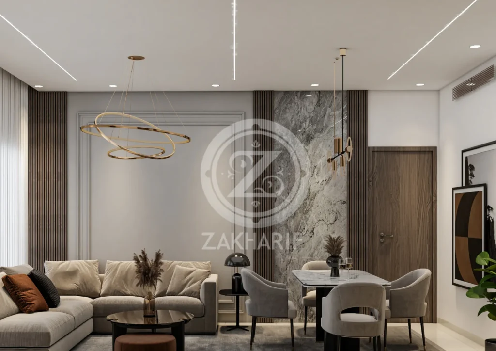 تكوين المساحة والأثاث في تصميم داخلي سكني