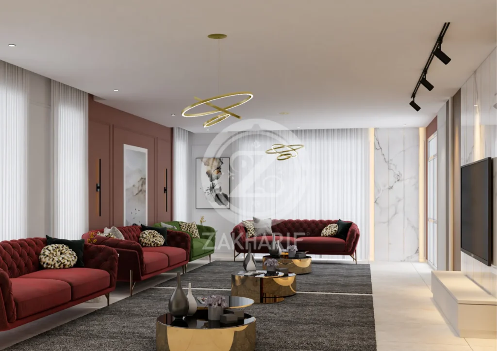 تكوين المساحة والأثاث في تصميم داخلي سكني