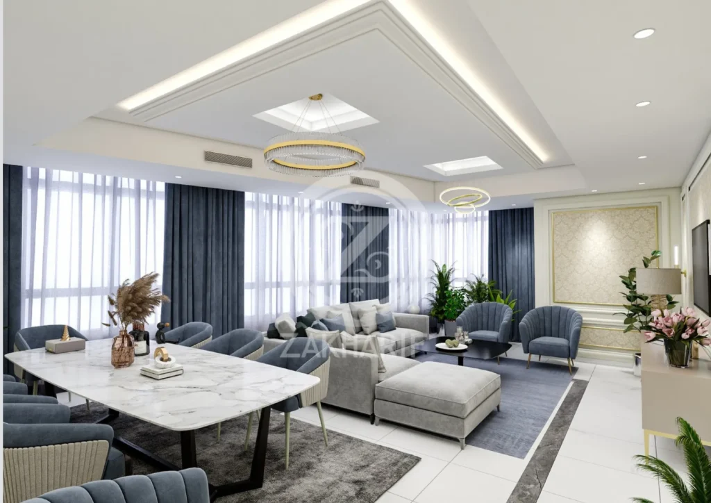 تكوين المساحة والأثاث في تصميم داخلي سكني